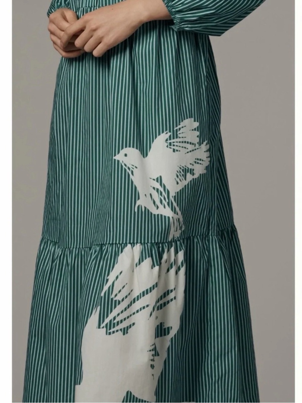 THE BETTINA TIERED SHIRT DRESS BY MAEVE Green Stripe with White Bird Motif NWT M - Picture 2 of 9